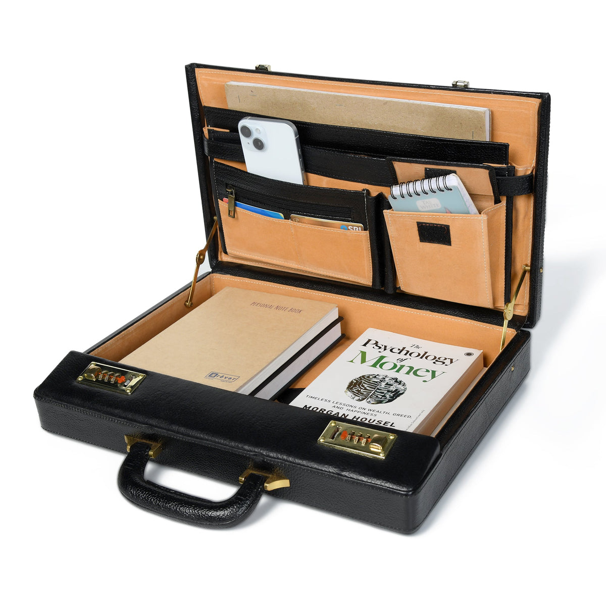 Black leather hard-case briefcase with dual combination locks, view 3