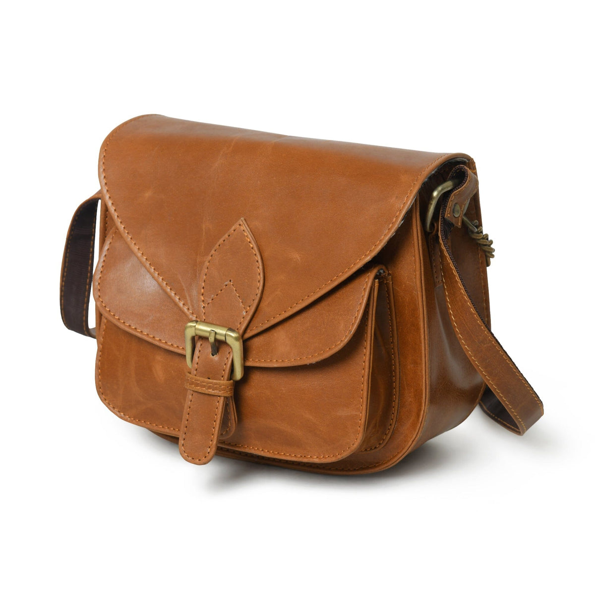 Tan brown leather crossbody satchel with buckle flap closure, view 4