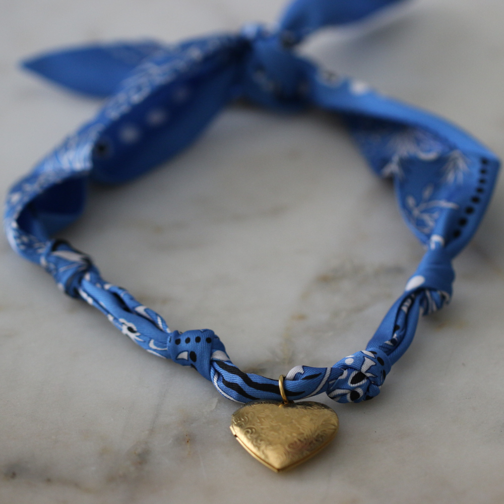 Blue scarf necklace with heart locket pendant, view 6