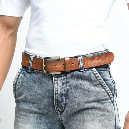 Tan leather dress belt with orange accents and metal buckle, view 2
