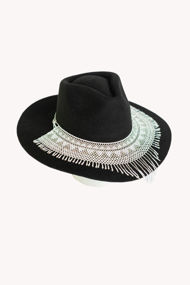White cascading glass bead hat necklace