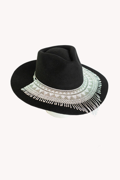 White cascading glass bead hat necklace
