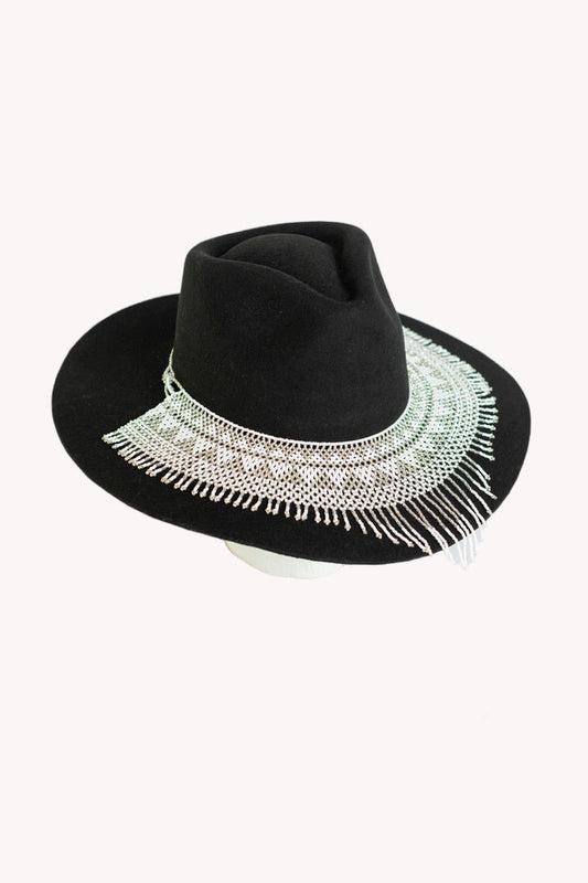 White cascading glass bead hat necklace