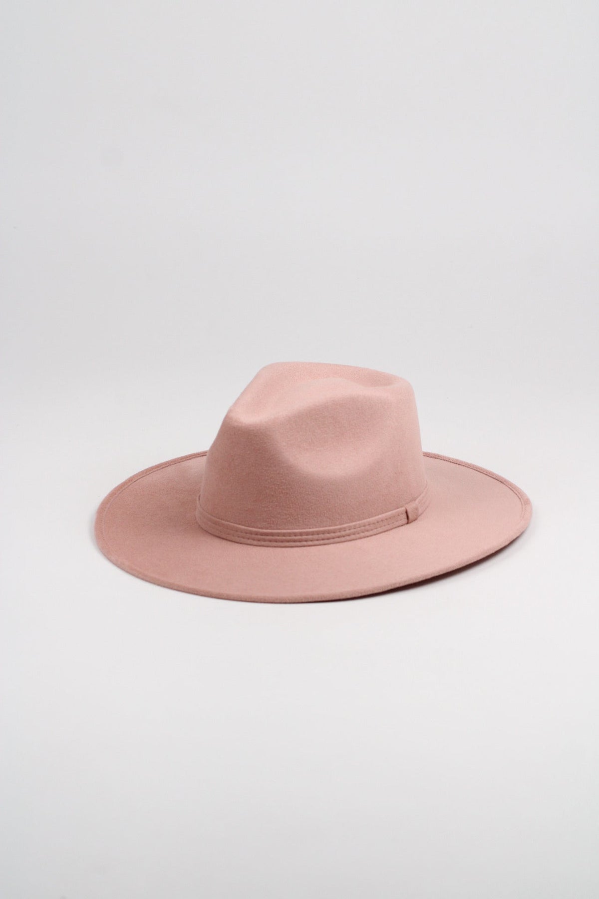 Pale dusty rose vegan suede rancher hat with a flat 3-inch brim