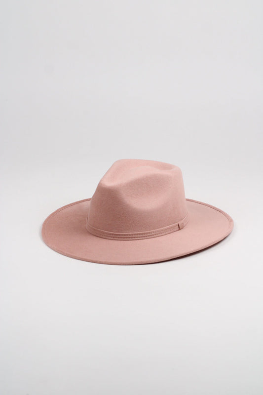 Pale dusty rose vegan suede rancher hat with a flat 3-inch brim