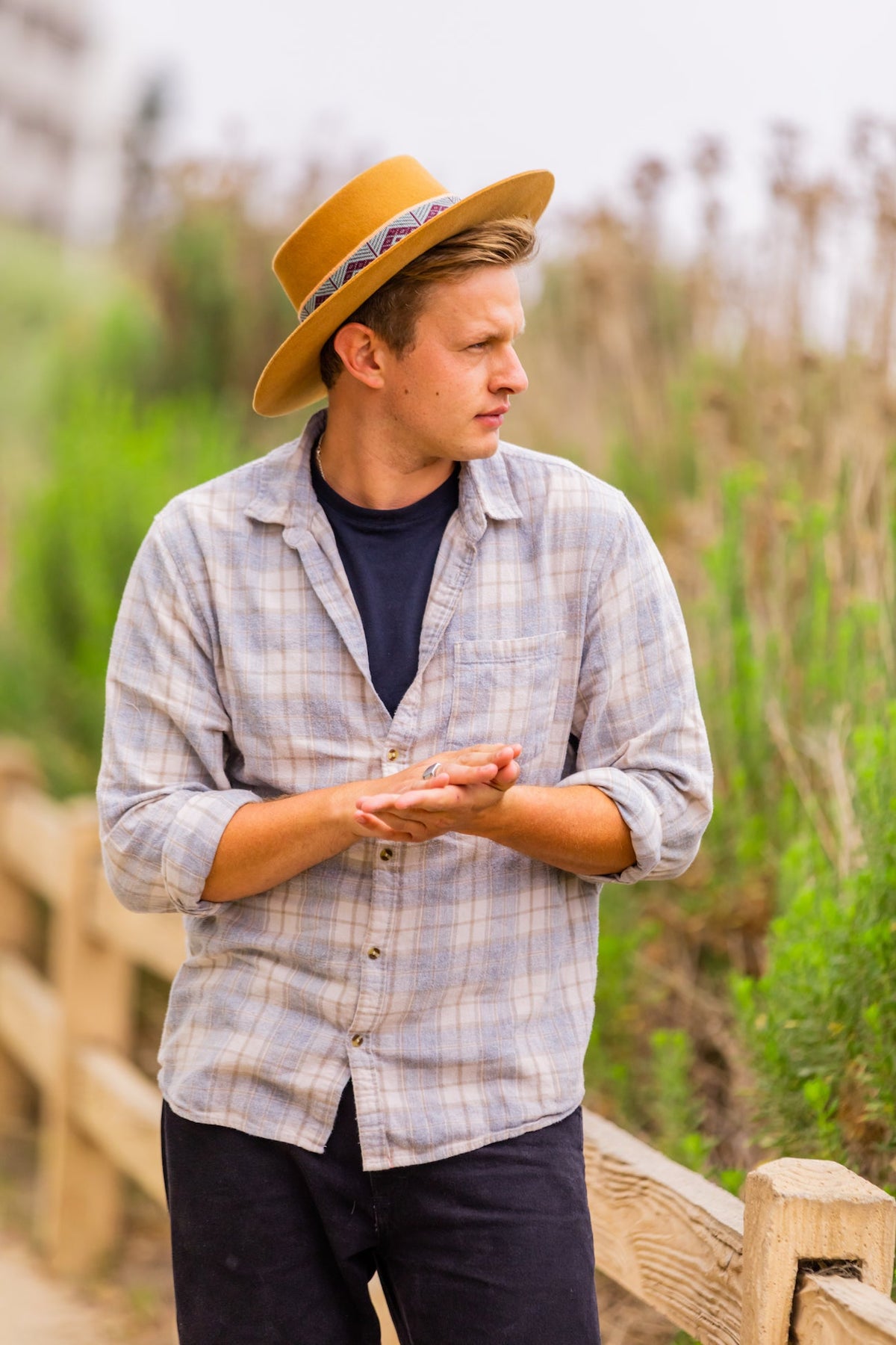 Camel tan alpaca wool felt bucket hat with a woven textile band, view 4