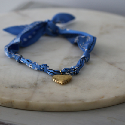 Blue scarf necklace with heart locket pendant, view 2