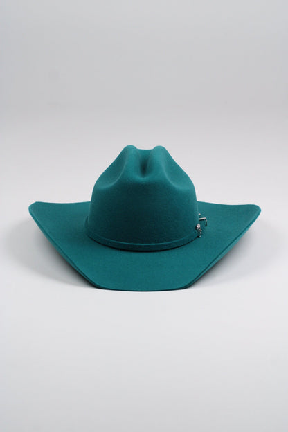 Turquoise merino wool cattleman cowboy hat with a curved brim, view 3