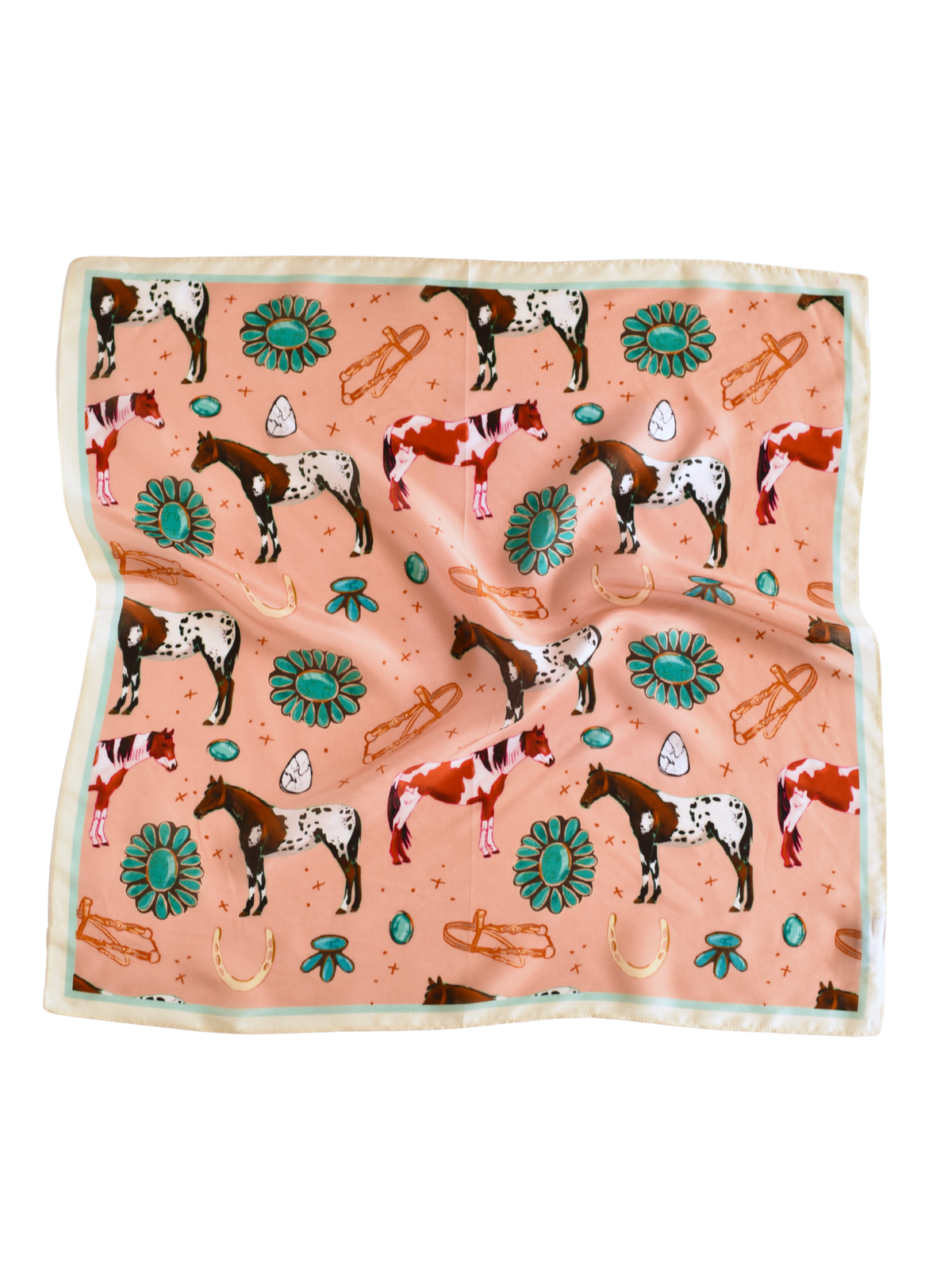 Peachy pink wild rag with paint and Appaloosa horses, turquoise jewelry and vintage tack
