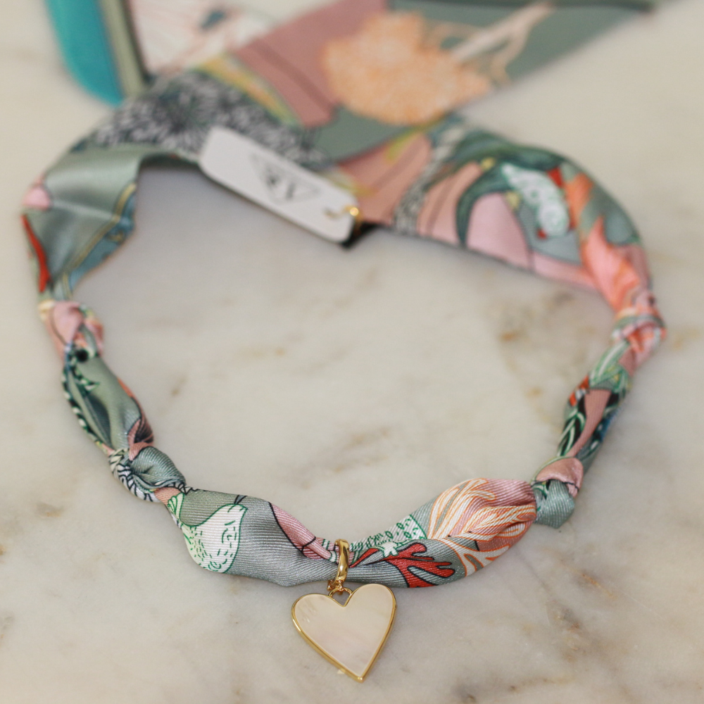 Blush and green scarf necklace with mother-of-pearl heart