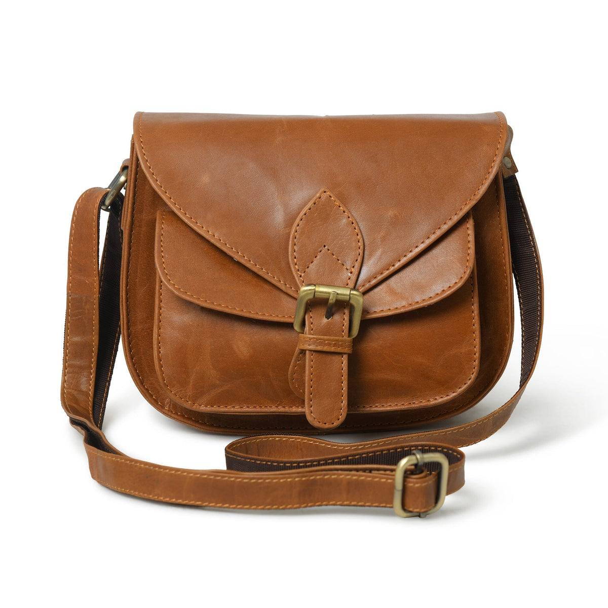 Tan brown leather crossbody satchel with buckle flap closure