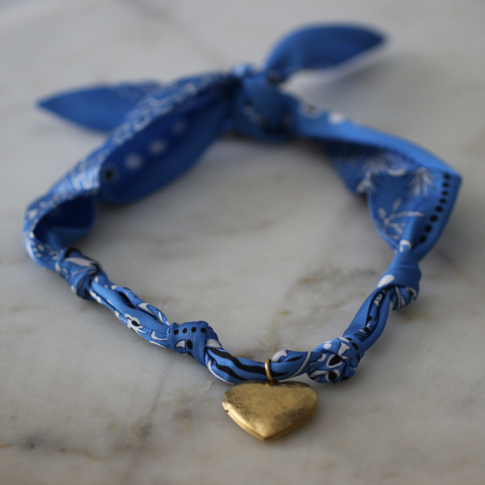 Blue scarf necklace with heart locket pendant