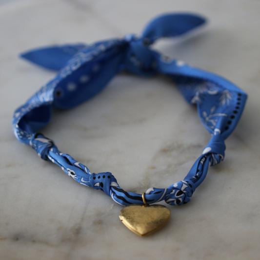Blue scarf necklace with heart locket pendant