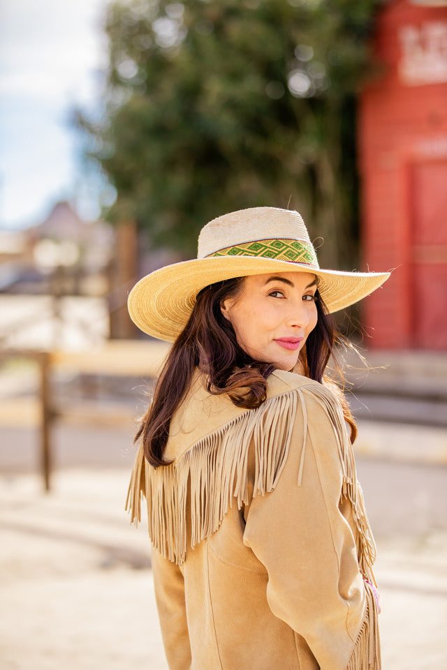 Natural palm leaf straw Western hat with an extra-wide brim and woven band, view 2