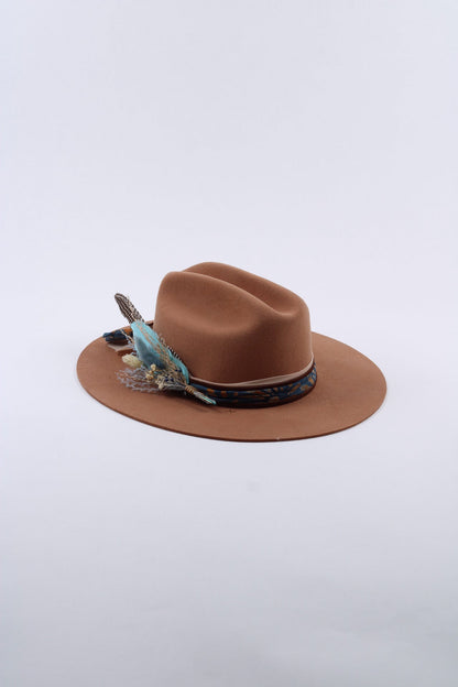 Tan wool flat brim cattleman hat with a hand-burned sunset and mountain design, view 3