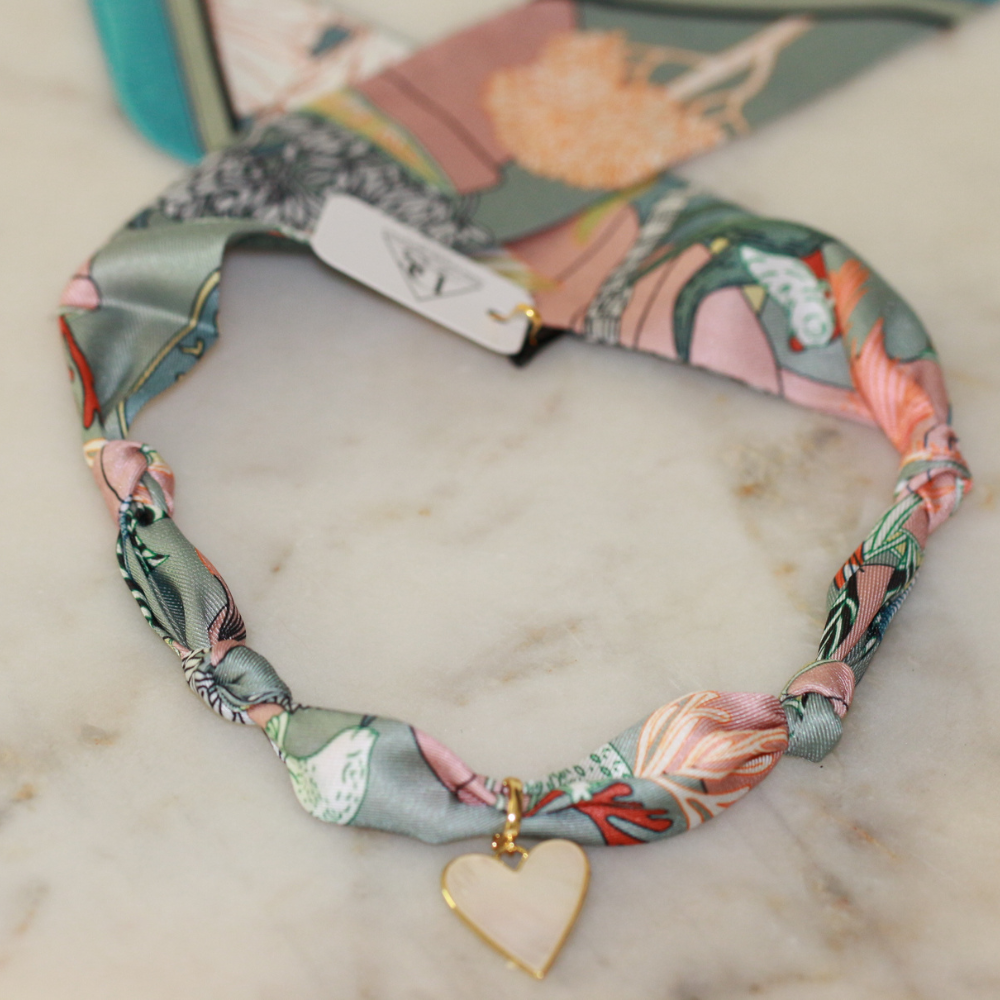 Blush and green scarf necklace with mother-of-pearl heart, view 2