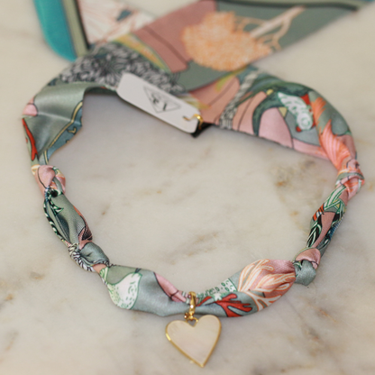 Blush and green scarf necklace with mother-of-pearl heart, view 2