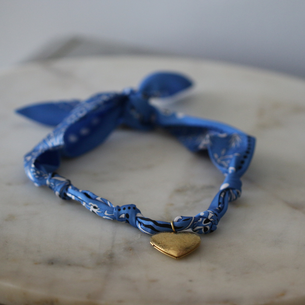 Blue scarf necklace with heart locket pendant, view 3