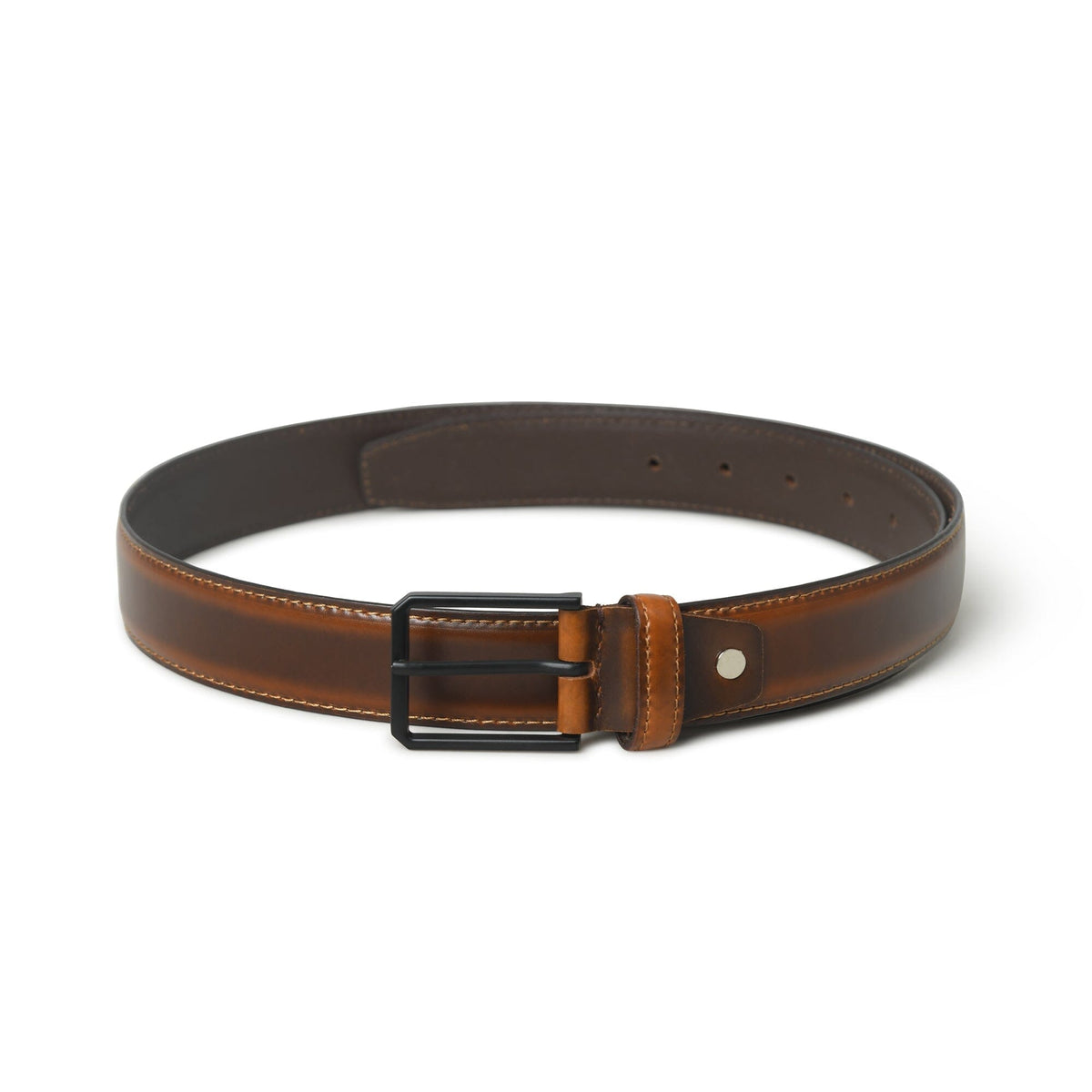 Caramel brown leather belt with black buckle, view 4