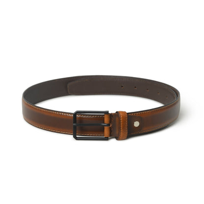 Caramel brown leather belt with black buckle, view 4