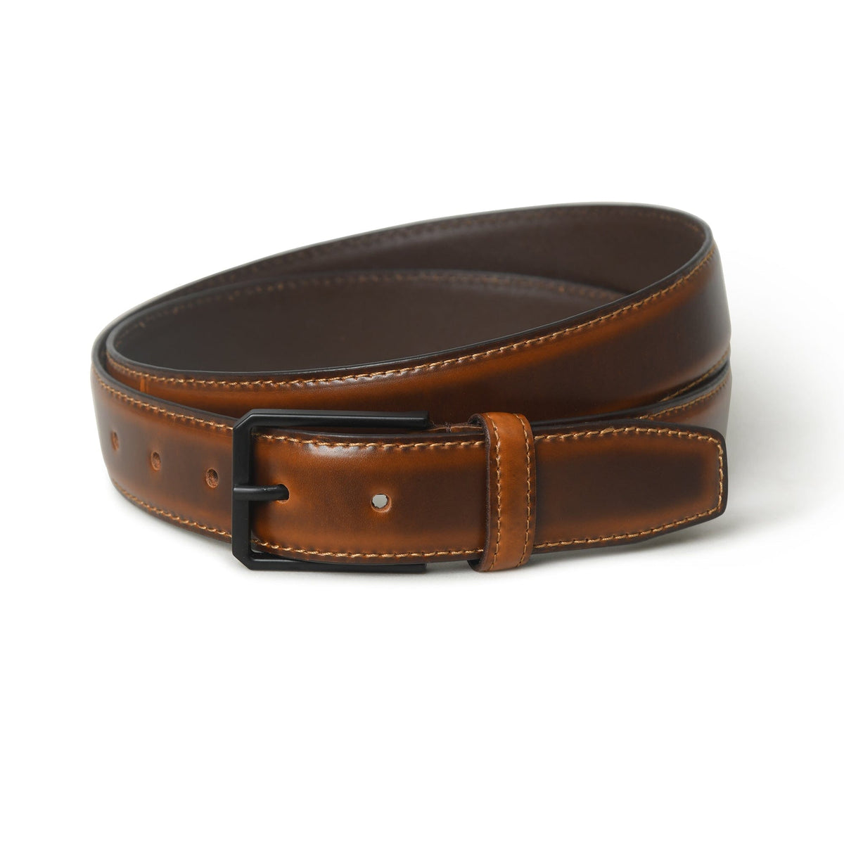 Caramel brown leather belt with black buckle, view 2