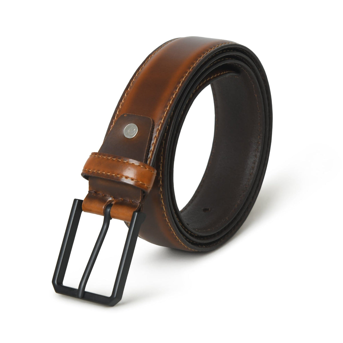 Caramel brown leather belt with black buckle
