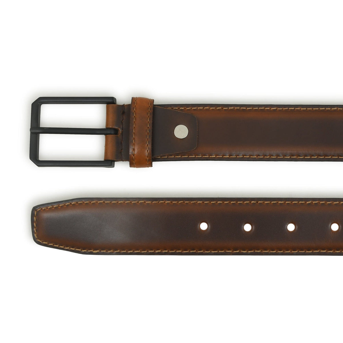 Caramel brown leather belt with black buckle, view 3