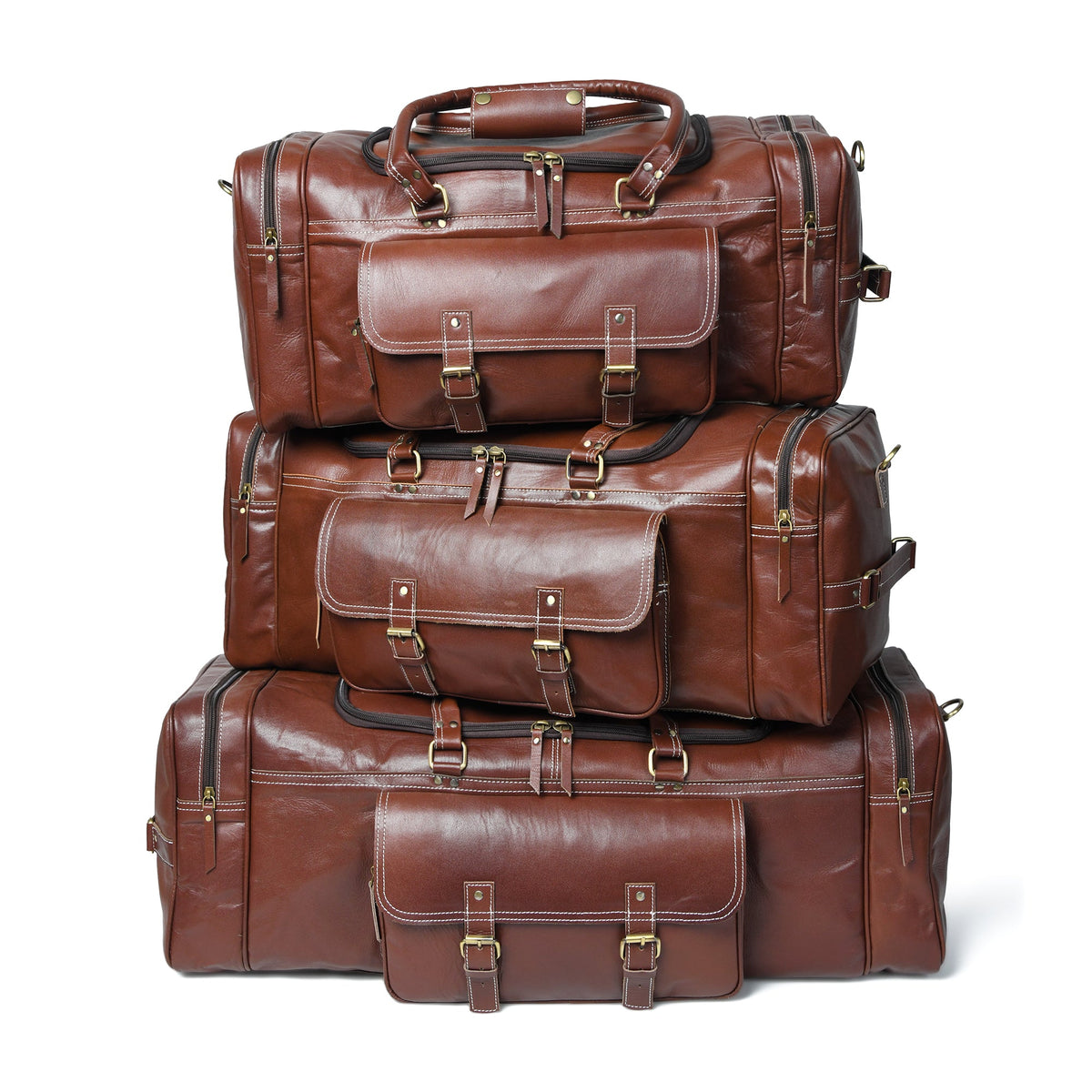 Vintage brown buffalo leather duffle bag with brass buckles and exterior pockets, view 4