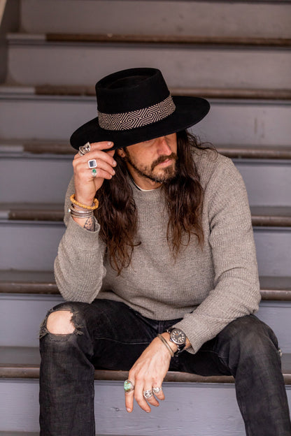 Black alpaca wool felt bucket hat with a woven textile band, view 2