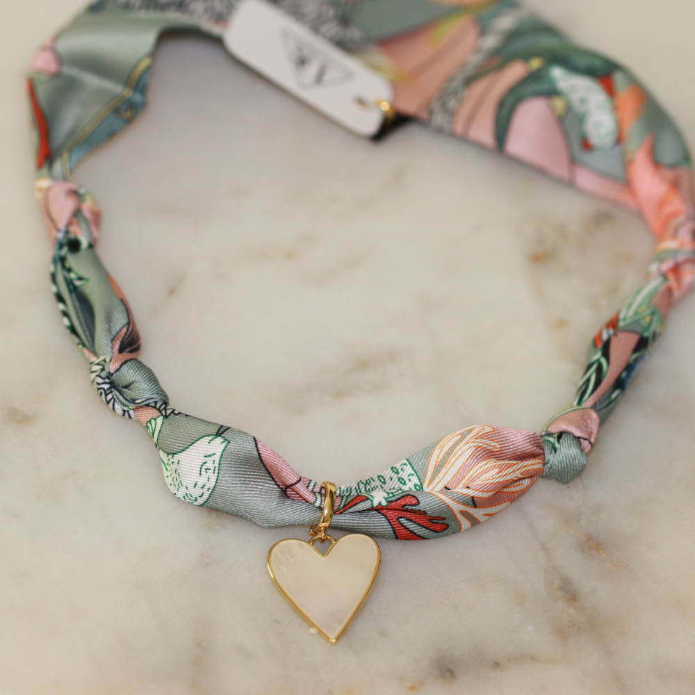 Blush and green scarf necklace with mother-of-pearl heart, view 3