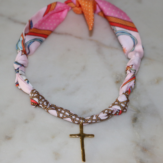 Blush pink silk scarf necklace with hammered gold cross