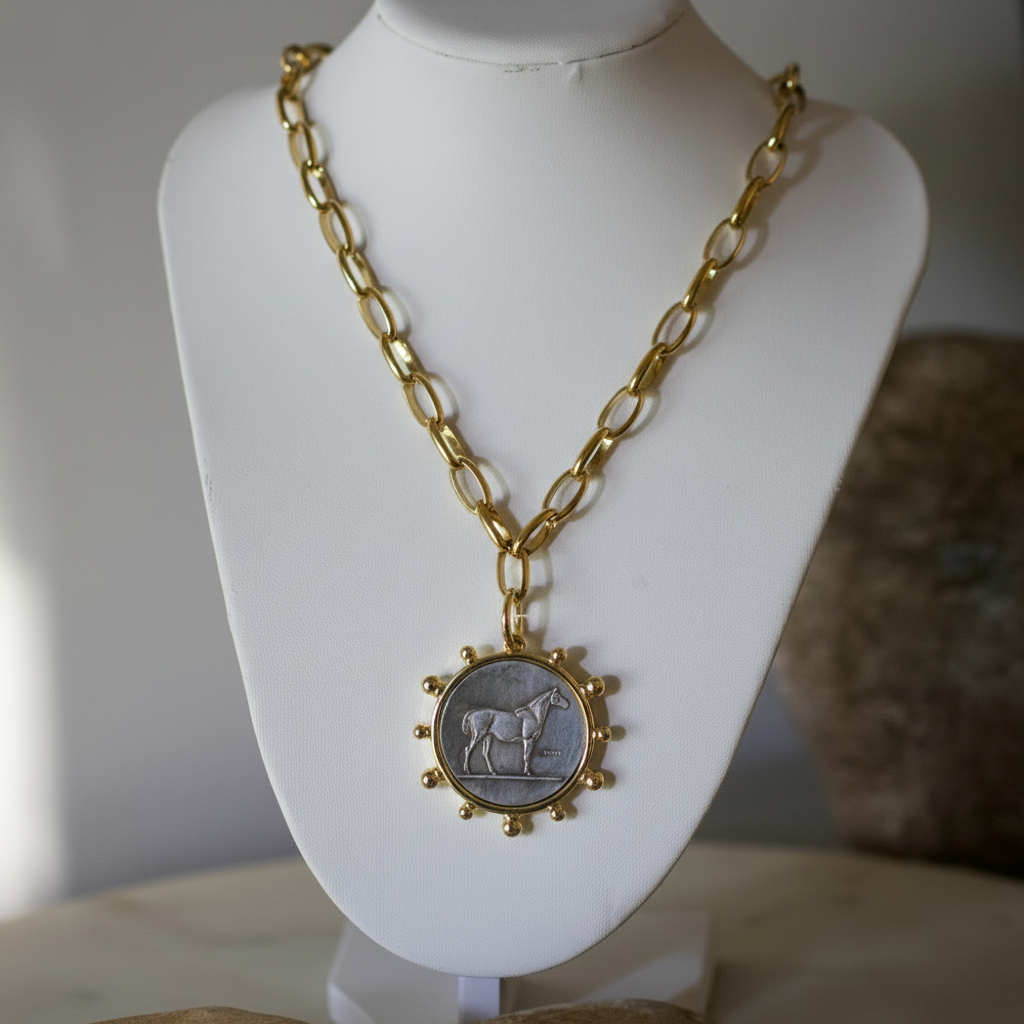 Mixed metal horse coin pendant necklace