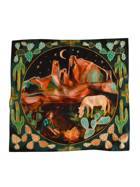 Green silk wild rag with a cowgirl and horse at a desert campfire and a cactus border
