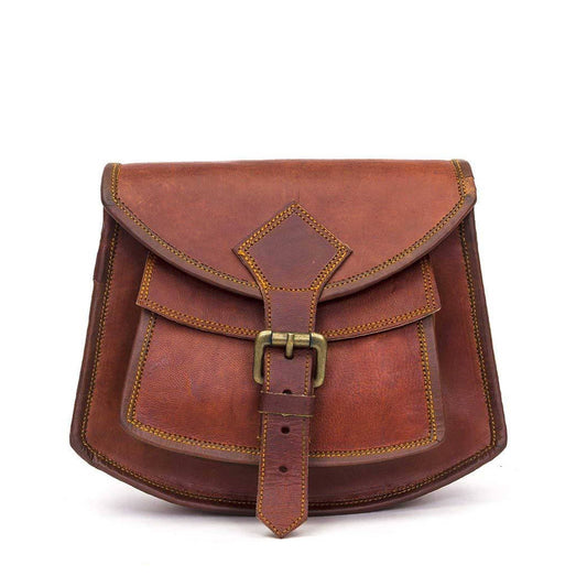 Vintage brown goat leather crossbody bag with buckle flap and adjustable strap