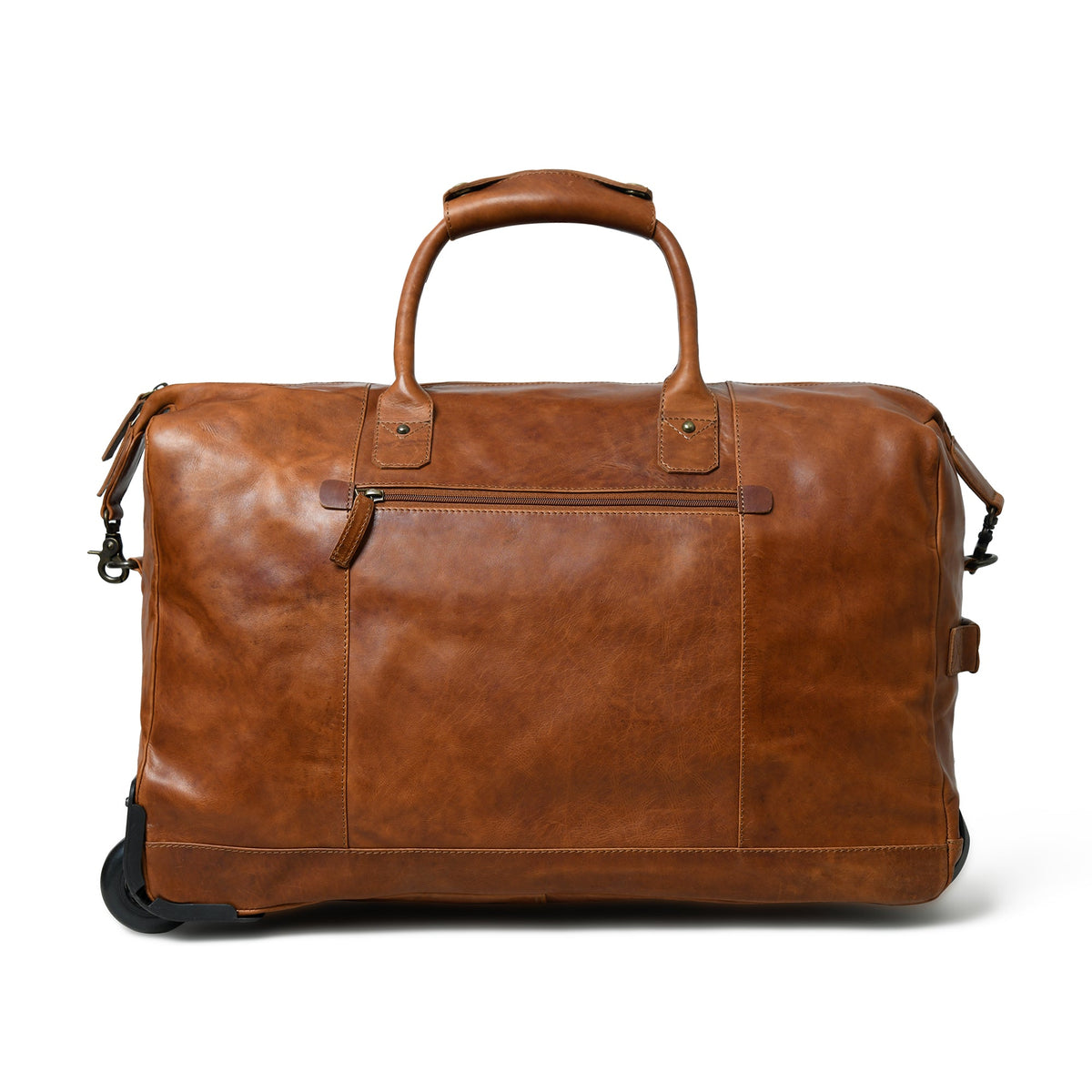 Buffalo leather rolling duffle bag with retractable trolley handle and wheels