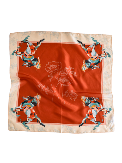 Red silk wild rag with poppies, a cowgirl in each corner and a cream border