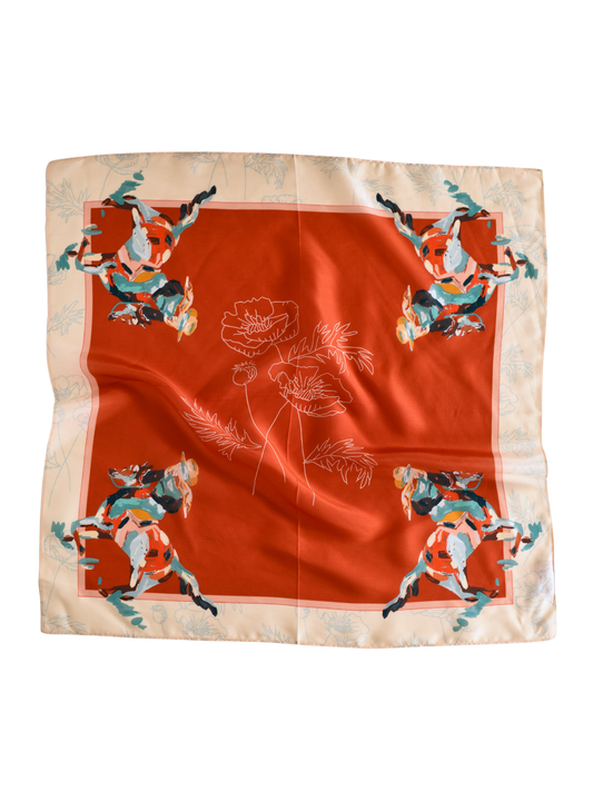 Red silk wild rag with poppies, a cowgirl in each corner and a cream border