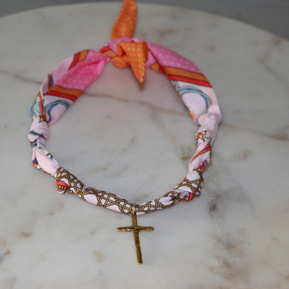 Blush pink silk scarf necklace with hammered gold cross, view 2