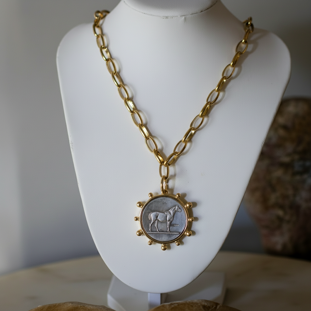 Mixed metal horse coin pendant necklace, view 2