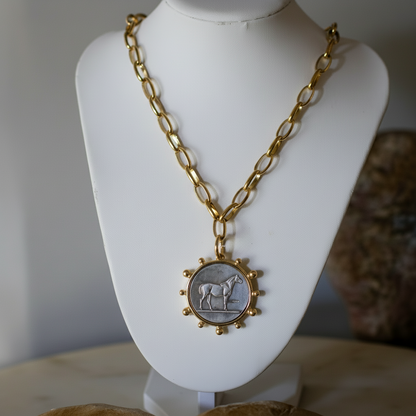 Mixed metal horse coin pendant necklace, view 2