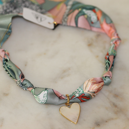 Blush and green scarf necklace with mother-of-pearl heart, view 4