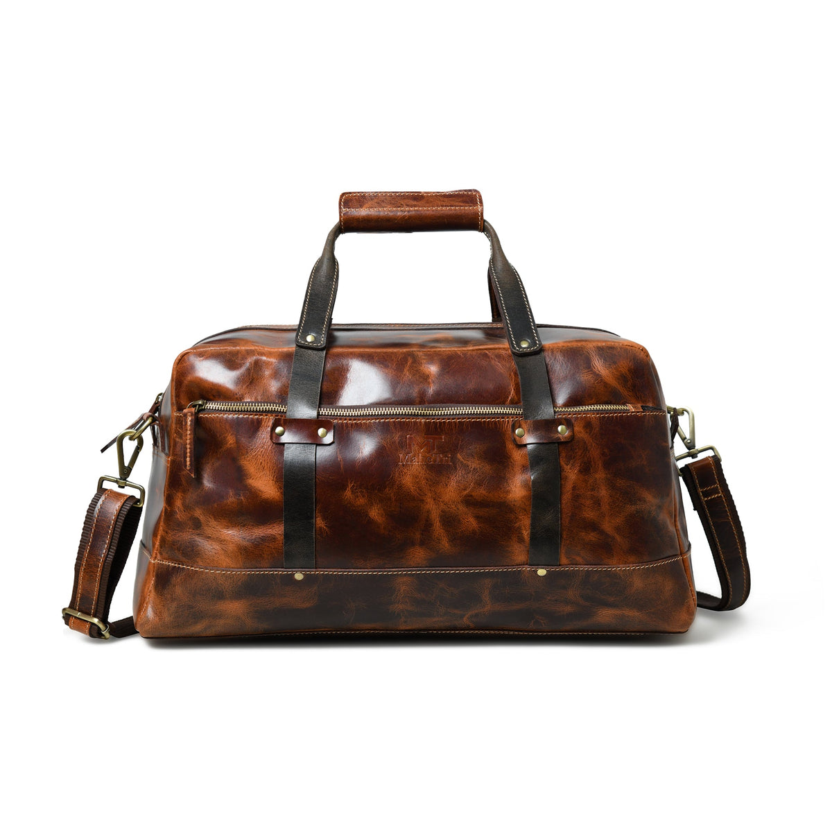 Saddle tan buffalo leather carry-on duffle with black handles and shoulder strap, view 2