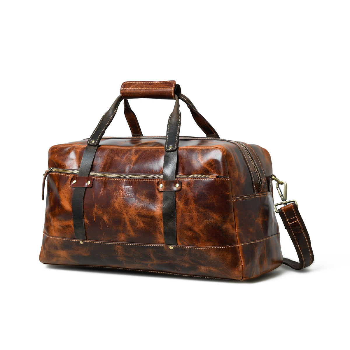 Saddle tan buffalo leather carry-on duffle with black handles and shoulder strap