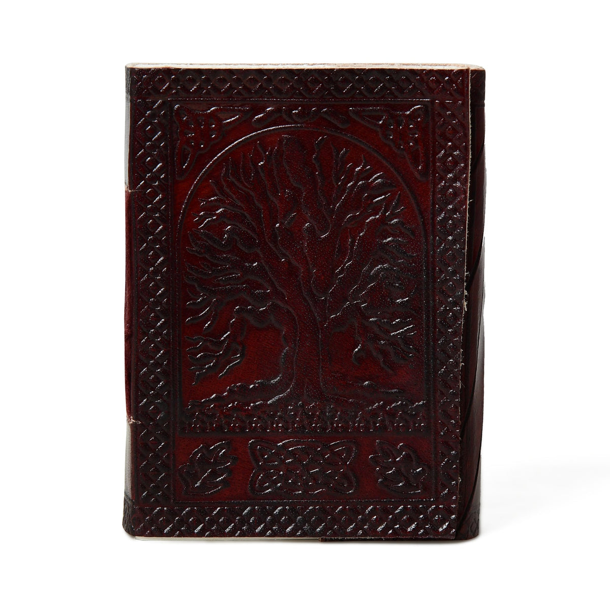 Leather journal with embossed tree motif and leather string closure, view 2