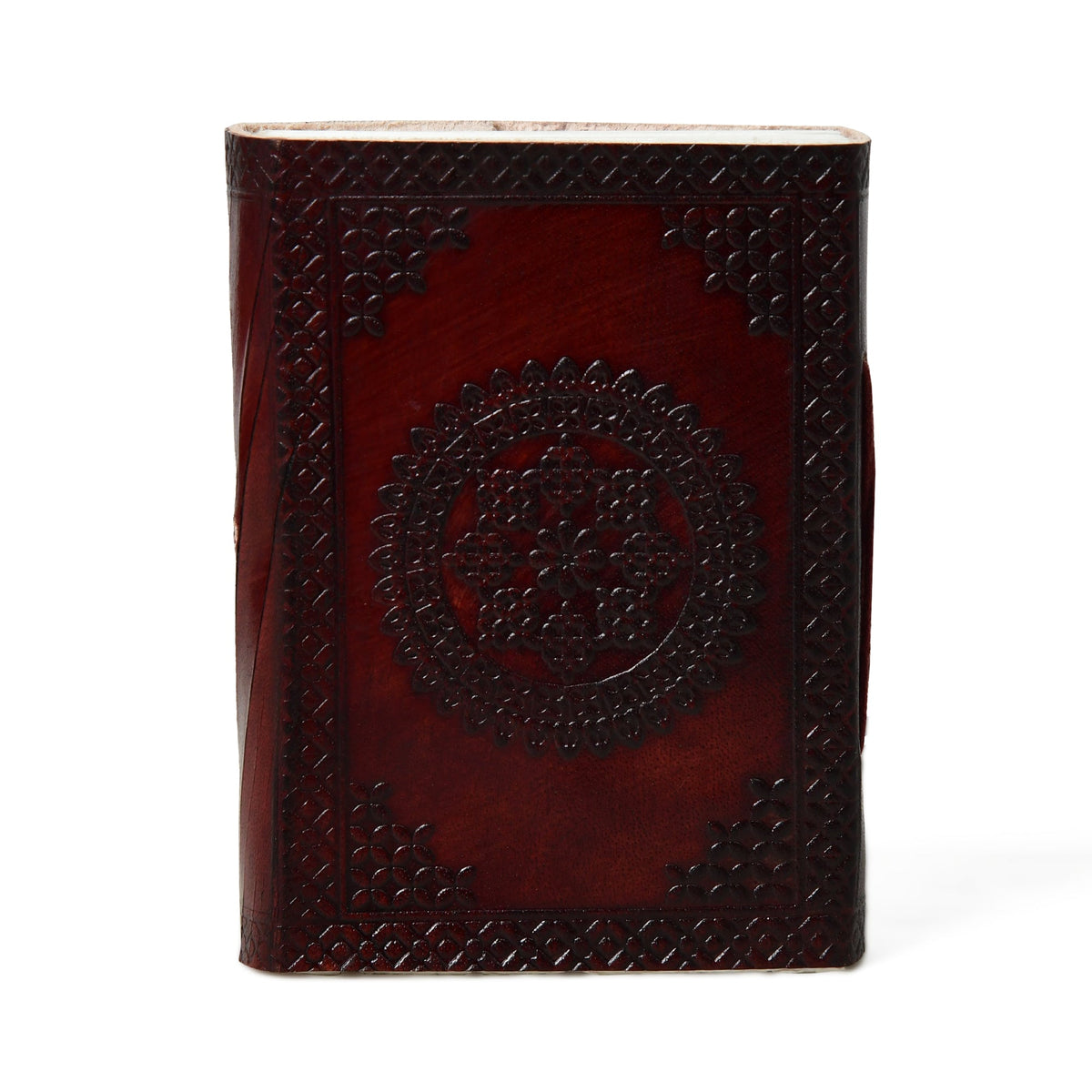Leather journal with embossed tree motif and leather string closure, view 4