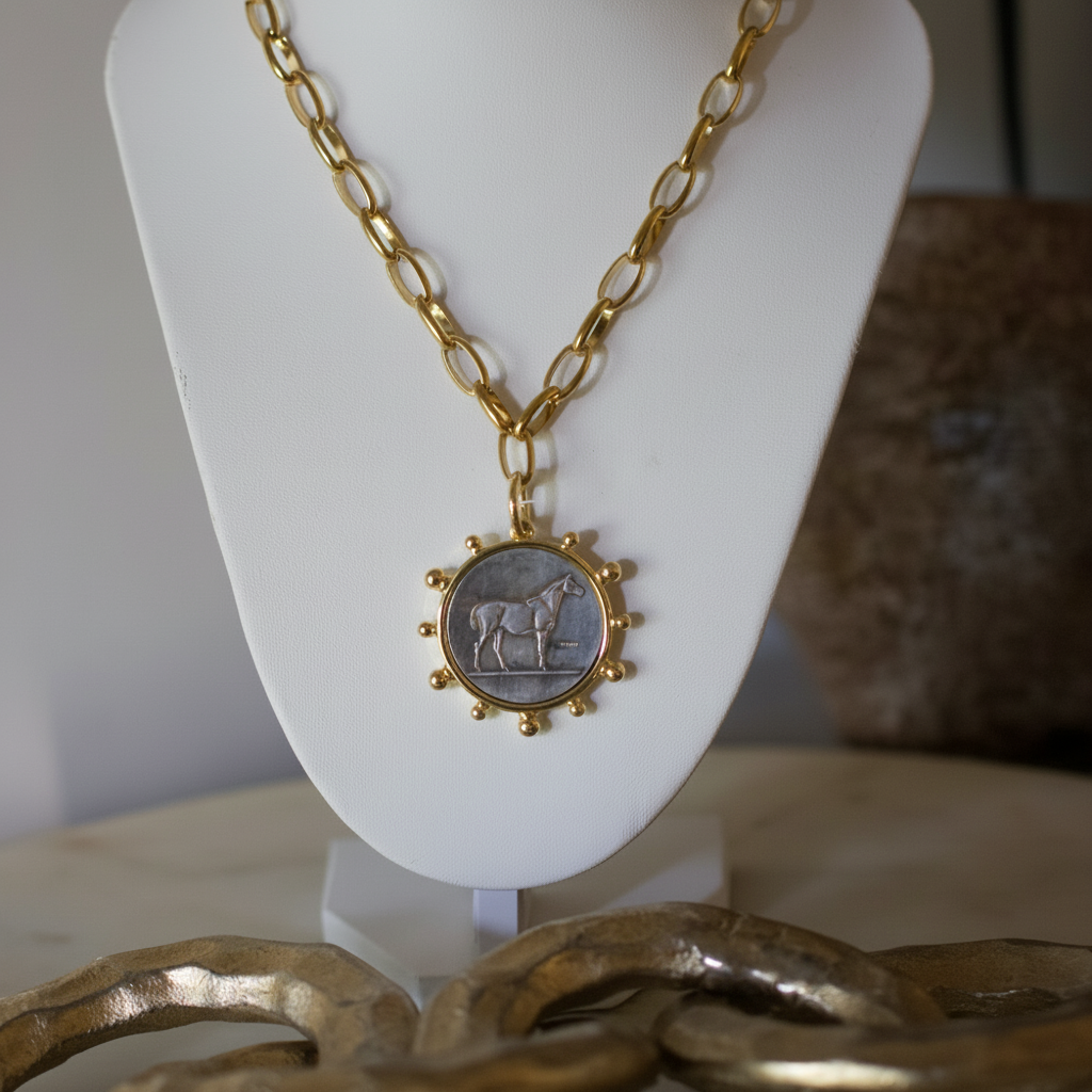 Mixed metal horse coin pendant necklace, view 3