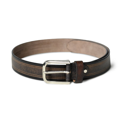 Textured brown and black leather belt with metal buckle, view 4