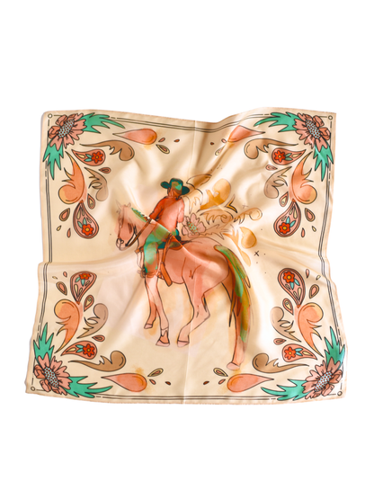 Pastel floral wild rag with a cowgirl at center in red, pink and turquoise