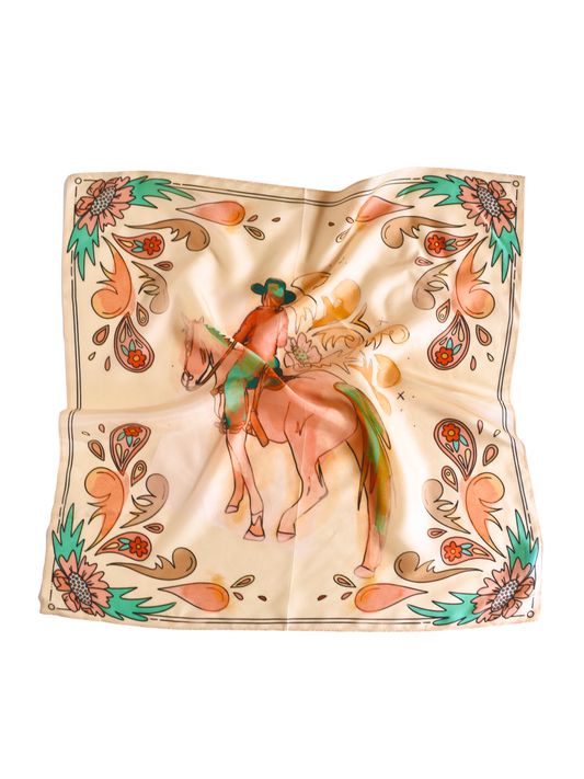 Pastel floral wild rag with a cowgirl at center in red, pink and turquoise