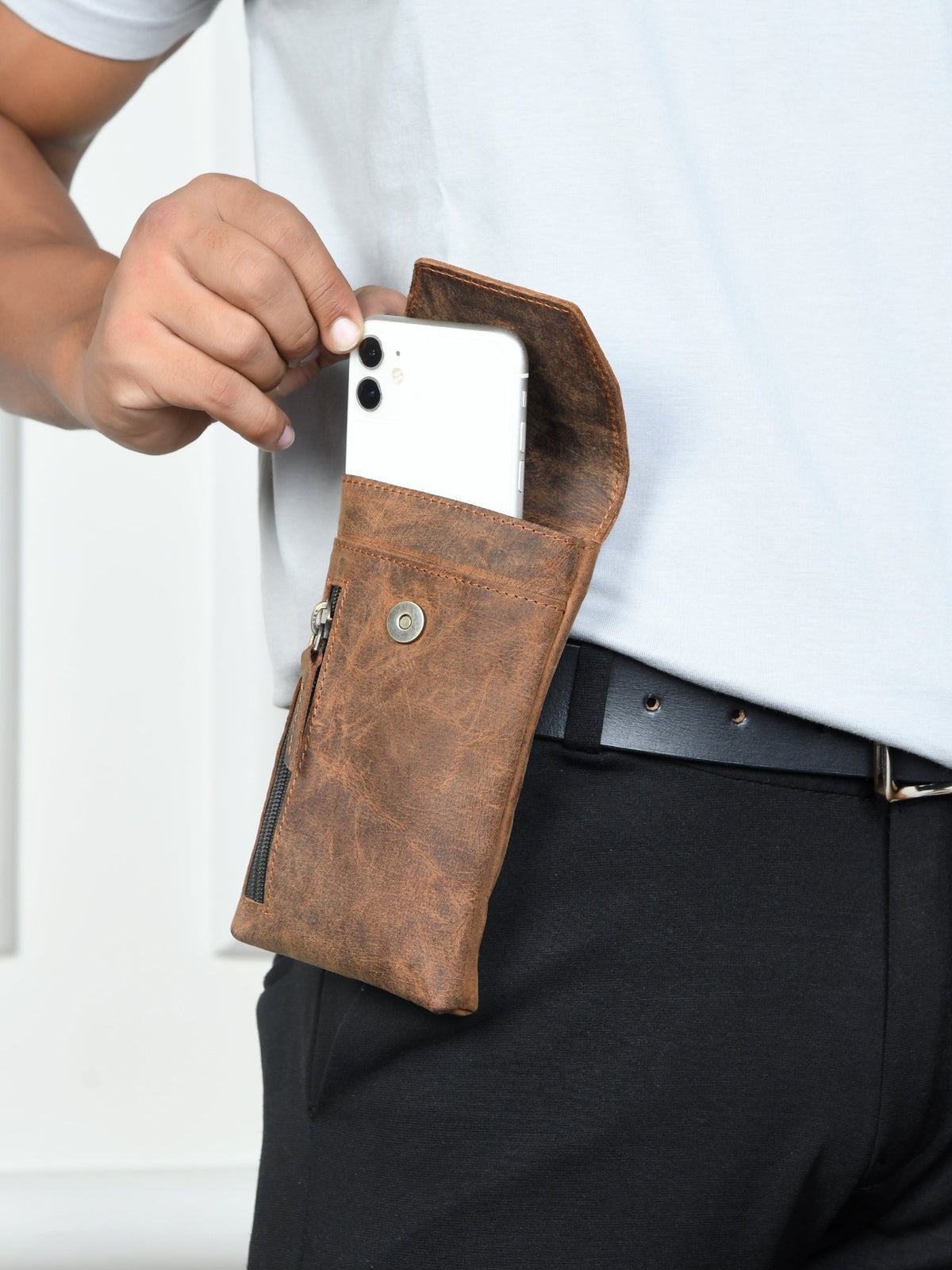 Leather belt-clip phone holster with magnetic flap, view 2